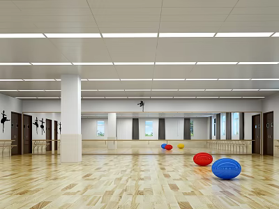 Spacious Indoor Fitness Studio With Wooden Floor White Ceiling Lights And Colorful Exercise Balls 3d model