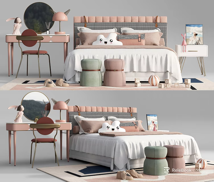 Cozy Double Bed With Pink Upholstered Headboard White Linens Pillows And Bedside Table 3d model 