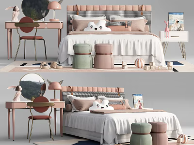 Cozy Double Bed With Pink Upholstered Headboard White Linens Pillows And Bedside Table 3d model
