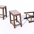 Three Vintage Wooden Stools With Rustic Design And Different Structural Details 3d model
