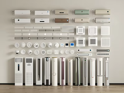 Various Types of Air Conditioners and Fans Including Wall Mounted and Floor Standing Designs 3d model