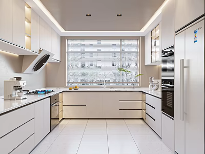 Modern Kitchen Interior Design With White Cabinets Island Counter And Window Blinds Appliances 3d model