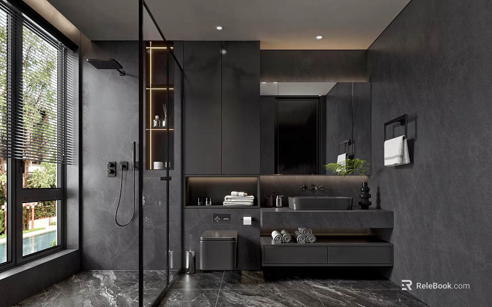 Modern Dark Bathroom Interior With Glass Shower Marble Flooring Double Vanity And Mirror 3d model 