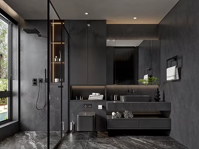 Modern Dark Bathroom Interior With Glass Shower Marble Flooring Double Vanity And Mirror 3d model