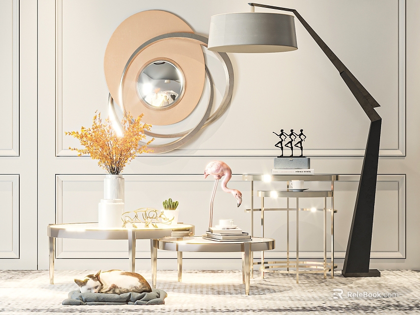 Stylish Modern Living Room Interior With Coffee Table And Circular Mirror Floor Lamp 3d model 