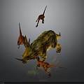 3D Dinosaur Scene Featuring Large Triceratops And Small Red Dinosaurs