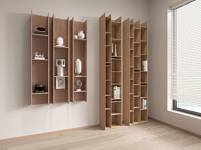 Modern Wooden Shelving Units in Contemporary Room Displaying Decorative Items and Books 3d model