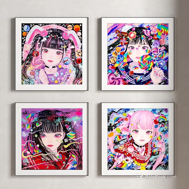 Vibrant Framed Anime Artwork Featuring Female Characters And Colorful Patterns 3d model 