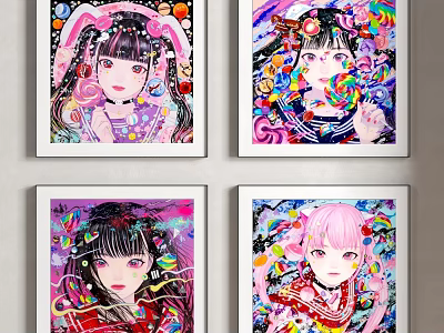 Vibrant Framed Anime Artwork Featuring Female Characters And Colorful Patterns 3d model