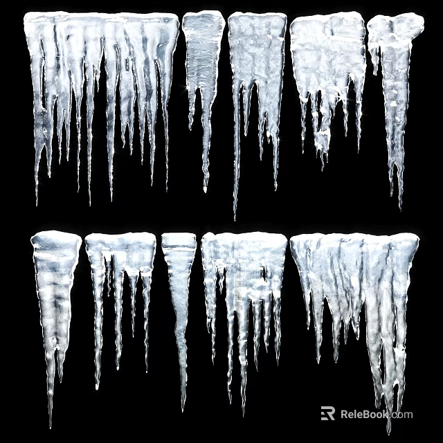 Various Shapes Of White Icicles Hanging On Black Background With Sharp Edges 3d model
