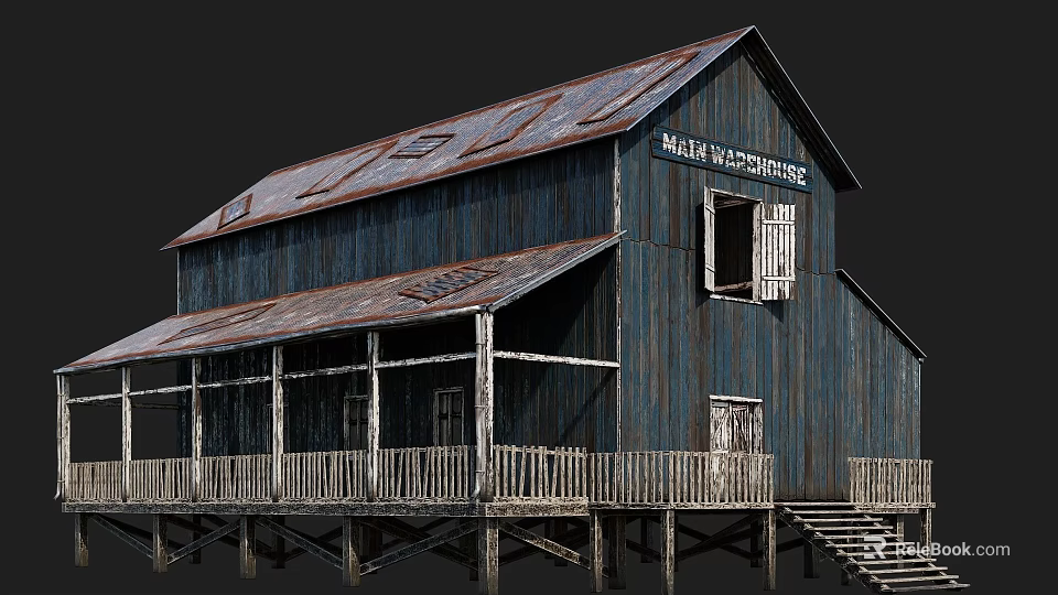 Rustic Blue Wooden House With Metal Roof Front Porch And White Railings 3d model 