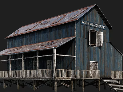 Rustic Blue Wooden House With Metal Roof Front Porch And White Railings 3d model