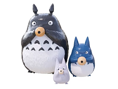 Totoro Plush Toys Big Black And Small Blue White Sizes With Triangular Patterns Holding Acorn 3d model