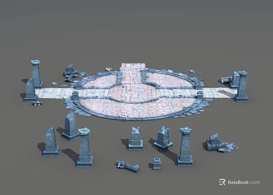 Circular Stone Ground Design With Surrounding Stone Pillars And Scattered Blocks 3d model 