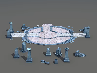 Circular Stone Ground Design With Surrounding Stone Pillars And Scattered Blocks 3d model