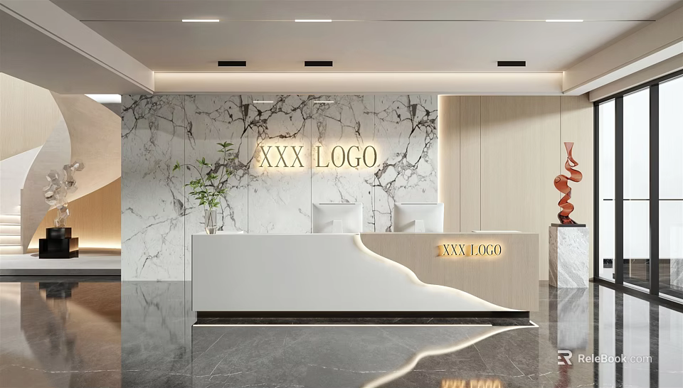 Modern Front Desk Reception Area With Marble Wall Logo Sign Green Plant And Sculpture Decor 3d model 