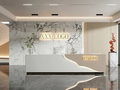 Modern Front Desk Reception Area With Marble Wall Logo Sign Green Plant And Sculpture Decor 3d model