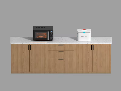Modern Wooden Kitchen Sideboard with Black Microwave White Appliance and Light Countertop 3d model