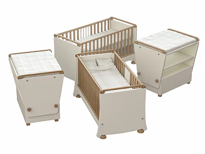 Modern Wooden Baby Cribs With White Design Mattress And Storage Units 3d model