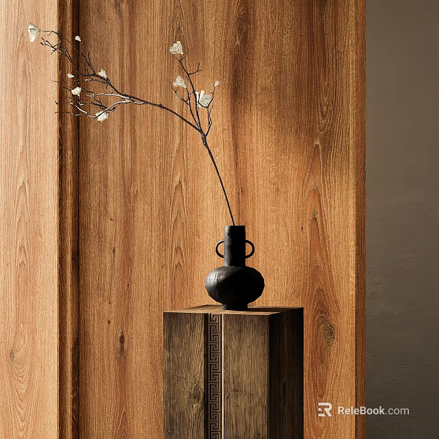 Minimalist Black Vase With White Flowers On Carved Wooden Pedestal Against Wooden Wall 3d model 