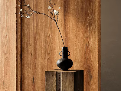 Minimalist Black Vase With White Flowers On Carved Wooden Pedestal Against Wooden Wall 3d model