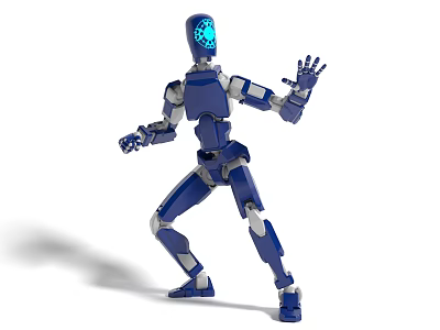 Blue Humanoid Robot With Glowing Head Performing Dynamic Motion Pose 3d model