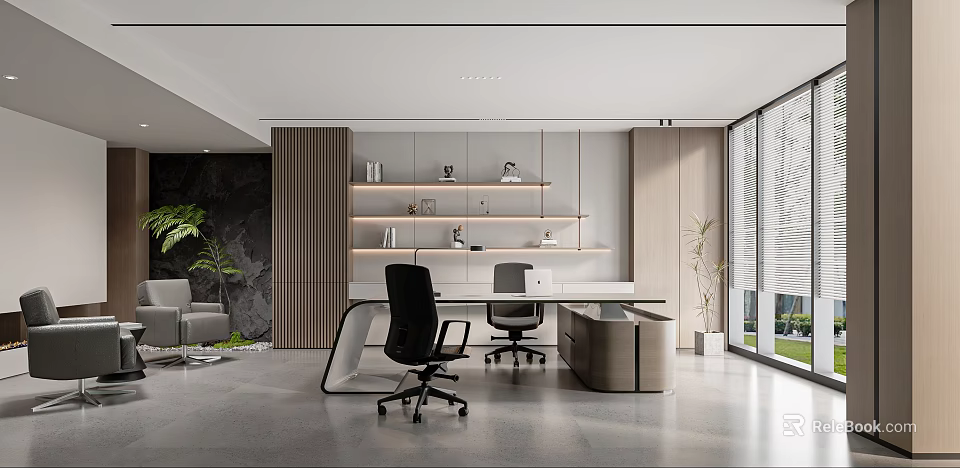 Modern Office Interior With White Desk Black Chairs Shelves And Large Windows 3d model 