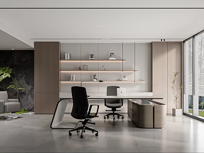Modern Office Interior With White Desk Black Chairs Shelves And Large Windows 3d model