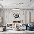 Elegant Living Room Interior Design With Ornate Ceiling Fireplace Round Mirror And Chandelier