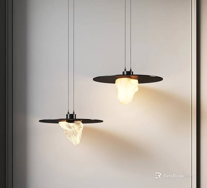 Stylish Modern Pendant Lights With Black Circular Canopy And Stone Light Body On White Wall 3d model 