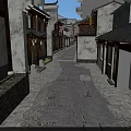 Ancient Style Commercial Street With Traditional Buildings And Stone Paved Path