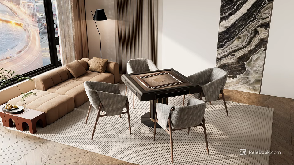 Modern Entertainment Table With Comfortable Chairs And Sofa In Stylish Living Room Setting 3d model 