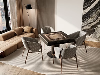Modern Entertainment Table With Comfortable Chairs And Sofa In Stylish Living Room Setting 3d model