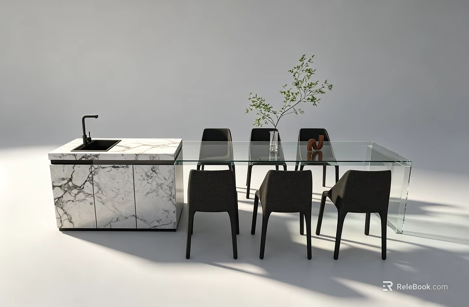 Modern Dining Table Set With Glass Top Black Chairs Marble Island And Green Plant 3d model 