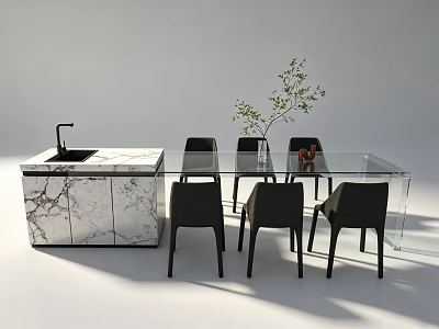 Modern Dining Table Set With Glass Top Black Chairs Marble Island And Green Plant 3d model