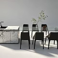 Modern Dining Table Set With Glass Top Black Chairs Marble Island And Green Plant