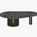 Modern Oval Green Marble Dining Table With Dark Wooden Cylinder Base And Thin Black Legs