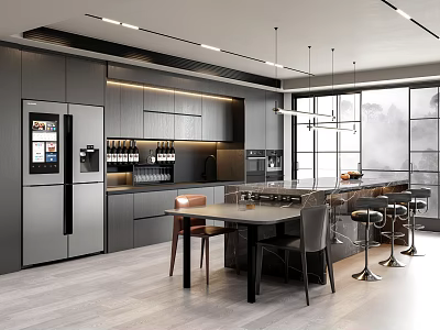 Modern Restaurant Interior With Gray Cabinets Island Counter Dining Tables And Large Windows 3d model