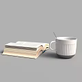 White Ribbed Cup With Spoon Beside Open Book On Gray Background 3d model