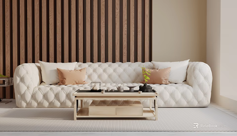 White Quilted Three Seater Sofa With Decorative Pillows Against Wooden Striped Wall And Coffee Table 3d model 