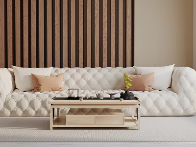 White Quilted Three Seater Sofa With Decorative Pillows Against Wooden Striped Wall And Coffee Table 3d model