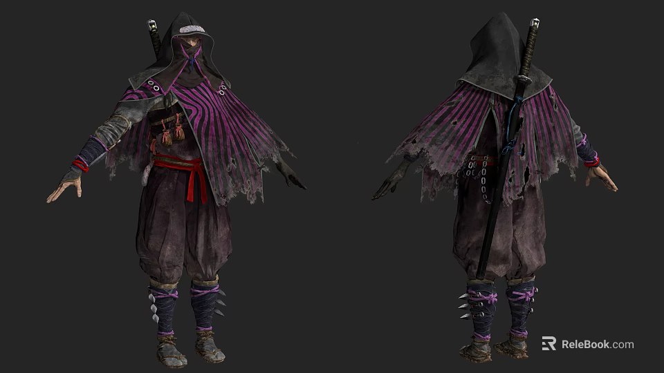 Game Movie Character in Purple Black Tattered Cloak with Red Belt Leg Wraps and Weapon 3d model 