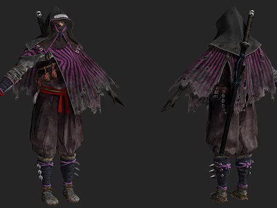 Game Movie Character in Purple Black Tattered Cloak with Red Belt Leg Wraps and Weapon 3d model