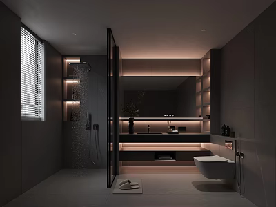 Modern Dark Tones Bathroom Interior Design With Large Mirror Shower Area Niche And Lighting Design 3d model