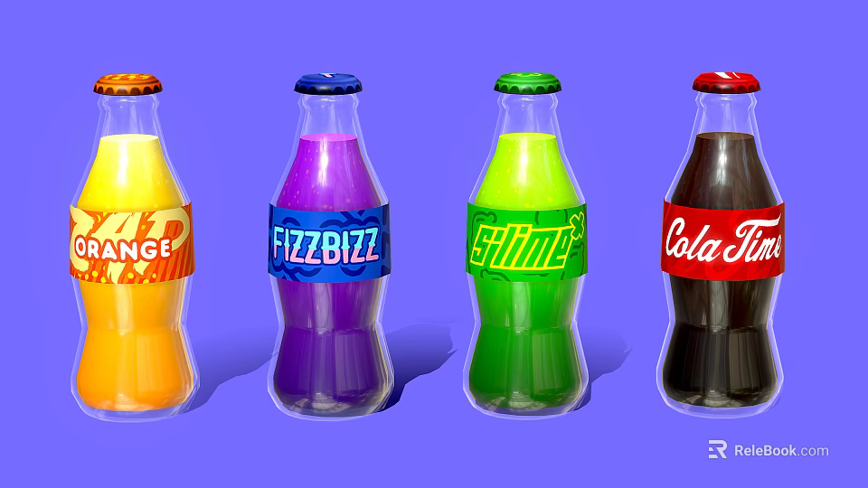 Colorful Bottled Beverages With Vibrant Orange Purple Green And Brown Labels 3d model 