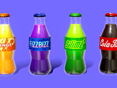 Colorful Bottled Beverages With Vibrant Orange Purple Green And Brown Labels 3d model