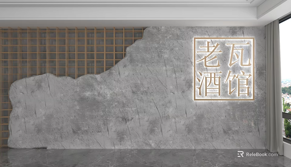 Vintage Tavern Background Wall with Golden Characters Grey Stone Texture and Wooden Grid Design 3d model 