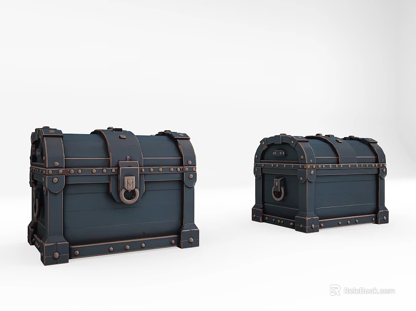 Vintage Dark Blue Trunks With Metal Buckles And Rivets Displayed On White Background 3d model 