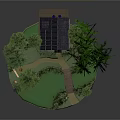 Cartoon Scene Featuring Small House Pine Trees Weeping Willow Pathway And Green Lawn