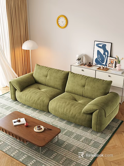 Green Two-Seater Sofa in Cozy Modern Living Room with Sunlight Wooden Floor and Floor Lamp 3d model 